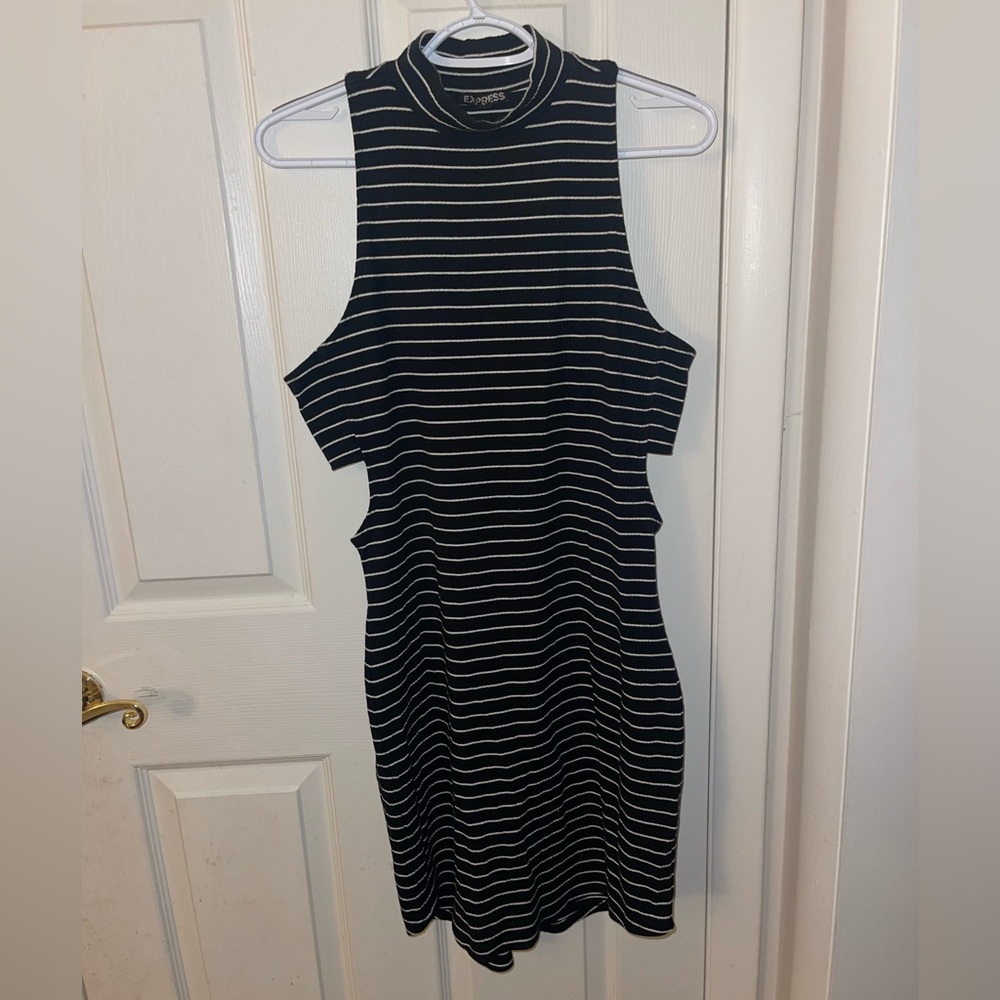 Black and White Striped Cut-Out Halter Dress